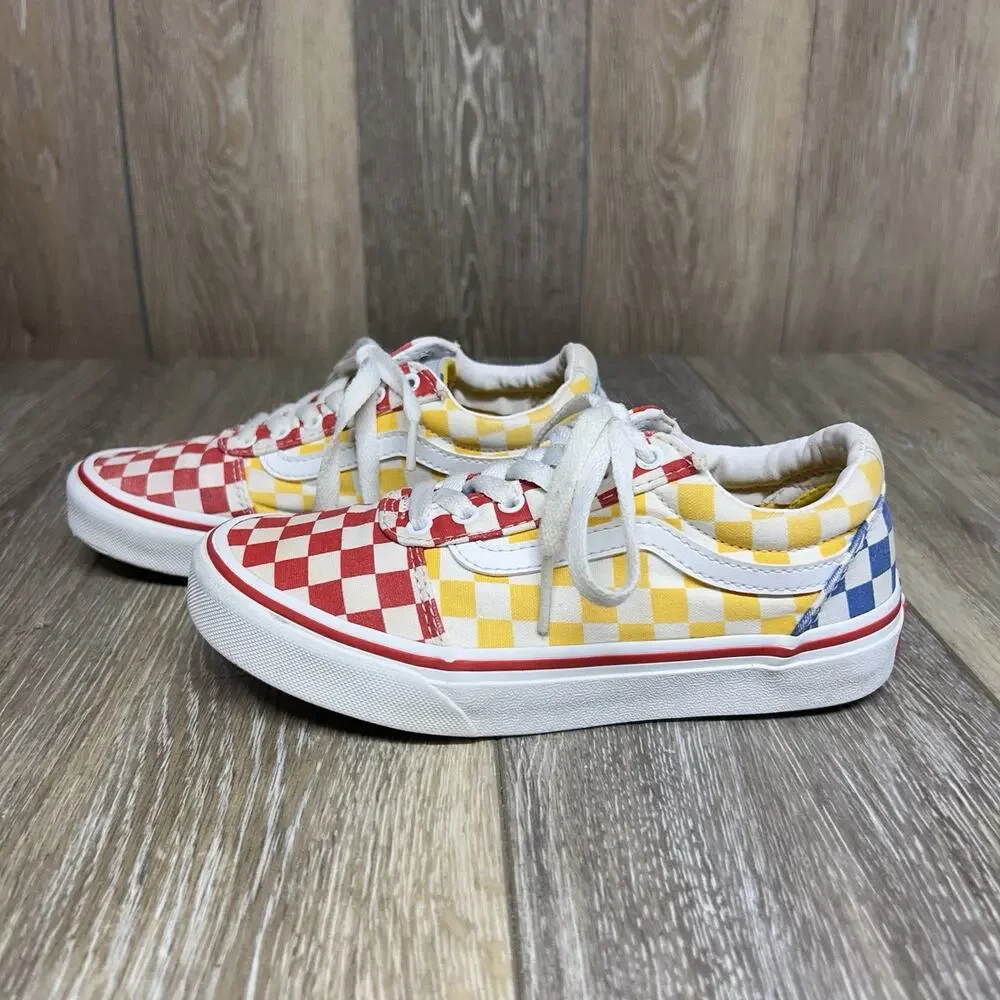 Vans Off The Wall Youth US Size 1 Red Yellow Blue Checkerboard Shoes Old Skool
